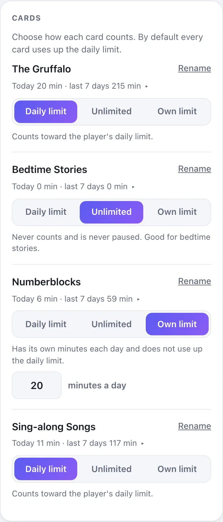 A list of Yoto cards, each with a choice of rule: Daily limit, Unlimited, or Own limit with its own minutes a day.