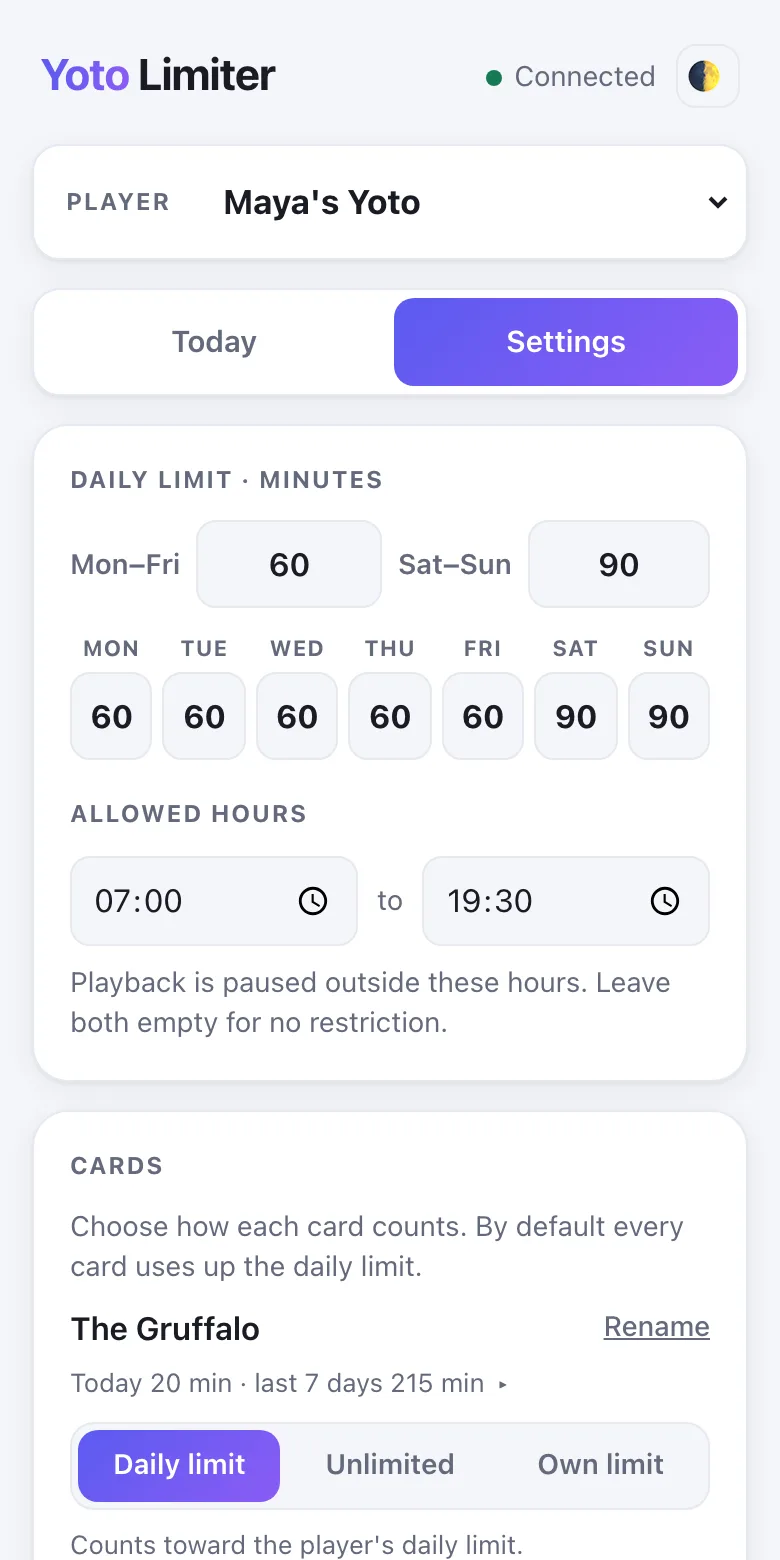 The Settings screen with a different daily limit in minutes for each day of the week and allowed hours from 07:00 to 19:30.